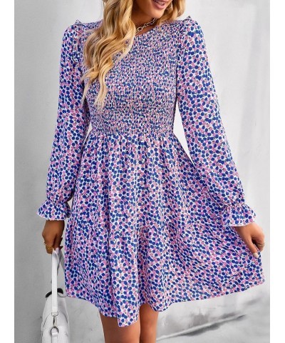 Women Spring Summer Long Sleeve Floral Dress Casual Crewneck Smocked High Waist Ruffle A Line Flowy Mini Dresses Blue $16.00 ...