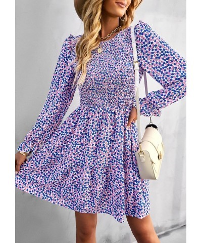 Women Spring Summer Long Sleeve Floral Dress Casual Crewneck Smocked High Waist Ruffle A Line Flowy Mini Dresses Blue $16.00 ...