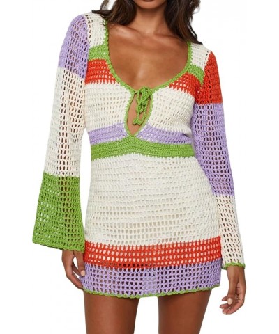 Women Crochet Knit Mini Dress Y2K Cover up Hollow Out Short Dress Long Sleeve Colorful Stripes Beach Dresses B-white Purple P...