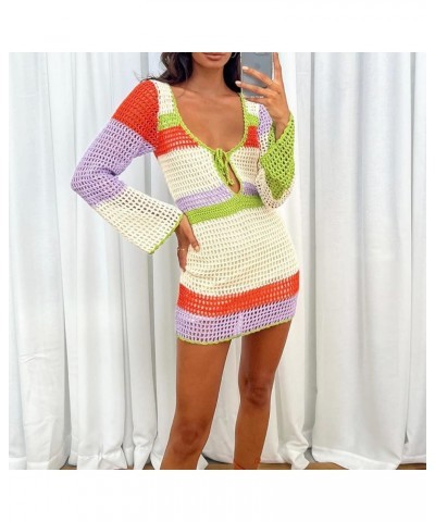 Women Crochet Knit Mini Dress Y2K Cover up Hollow Out Short Dress Long Sleeve Colorful Stripes Beach Dresses B-white Purple P...