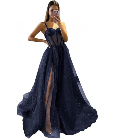 Women's Glitter Tulle Prom Dresses Long 2023 Spaghetti Straps Sweetheart Formal Evening Party Gowns with Slit Navy Blue $33.2...