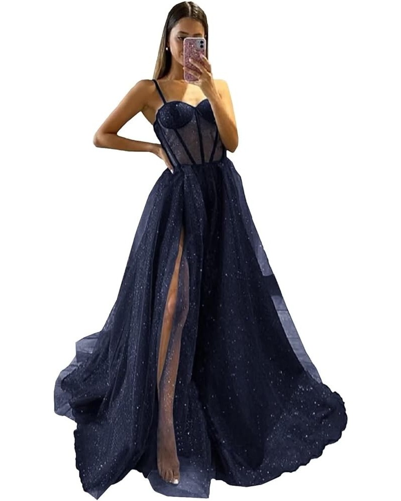 Women's Glitter Tulle Prom Dresses Long 2023 Spaghetti Straps Sweetheart Formal Evening Party Gowns with Slit Navy Blue $33.2...