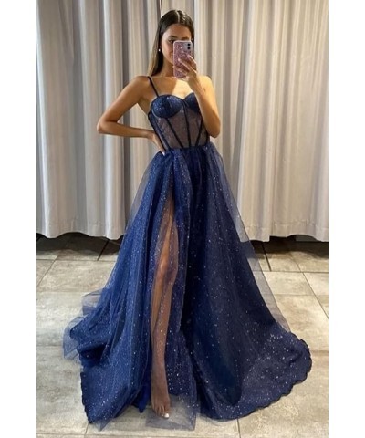 Women's Glitter Tulle Prom Dresses Long 2023 Spaghetti Straps Sweetheart Formal Evening Party Gowns with Slit Navy Blue $33.2...