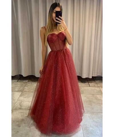 Women's Glitter Tulle Prom Dresses Long 2023 Spaghetti Straps Sweetheart Formal Evening Party Gowns with Slit Navy Blue $33.2...