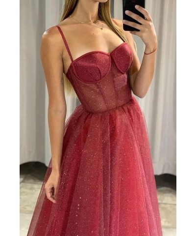 Women's Glitter Tulle Prom Dresses Long 2023 Spaghetti Straps Sweetheart Formal Evening Party Gowns with Slit Navy Blue $33.2...