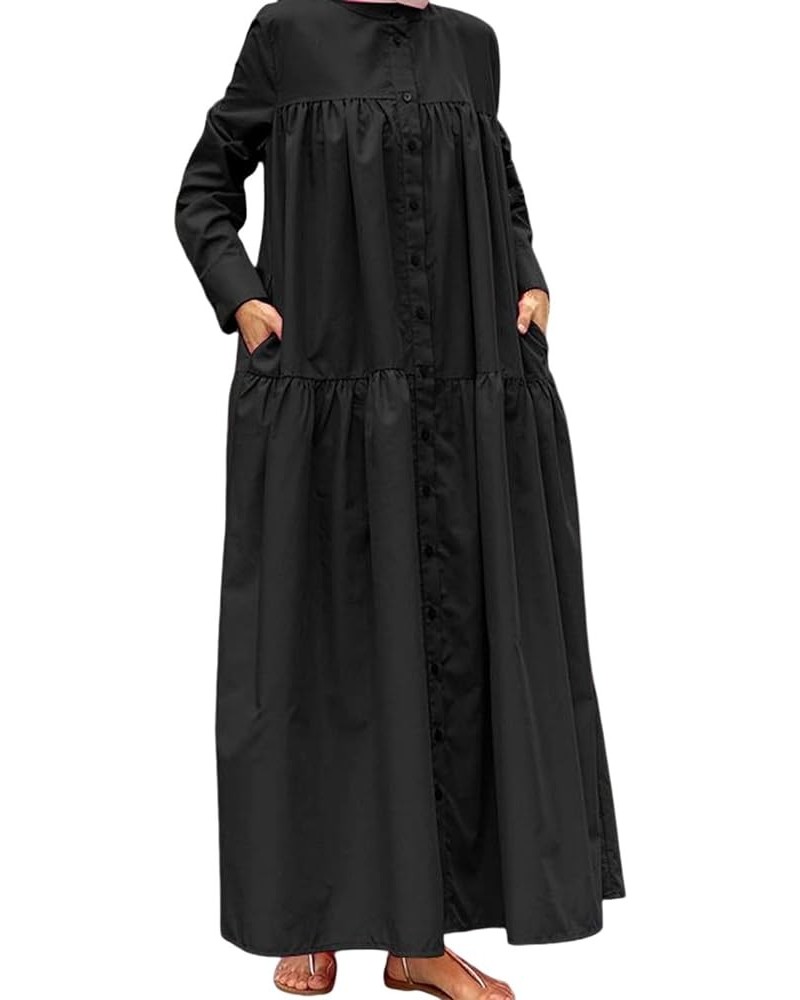 Women's Muslim Robe Vintage Dress Floral Printed Long Sleeve Loose Muslim Long Dress Pleated Simple Comfy Maxi Dresses F-blac...