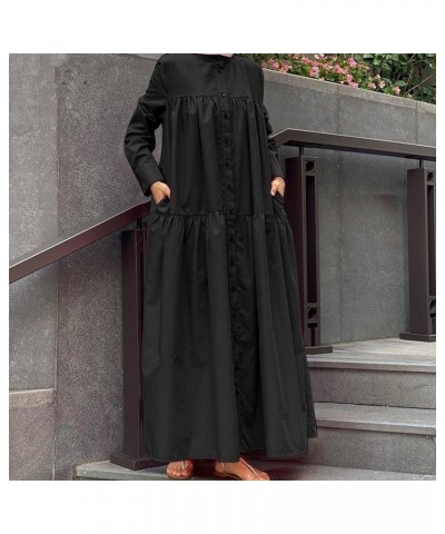 Women's Muslim Robe Vintage Dress Floral Printed Long Sleeve Loose Muslim Long Dress Pleated Simple Comfy Maxi Dresses F-blac...