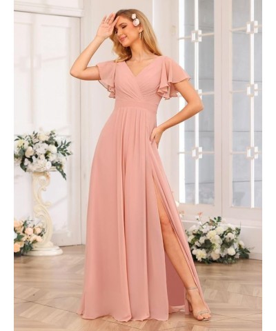 V Neck Bridesmaid Dresses for Women with Slit 2024 Flutter Sleeve Chiffon Pleats Formal Dress with Pockets YJ149 Red $31.85 D...