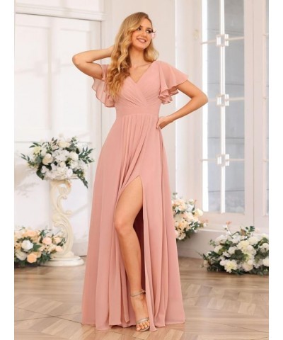 V Neck Bridesmaid Dresses for Women with Slit 2024 Flutter Sleeve Chiffon Pleats Formal Dress with Pockets YJ149 Red $31.85 D...