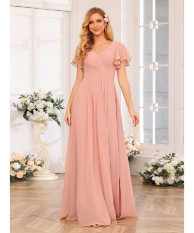 V Neck Bridesmaid Dresses for Women with Slit 2024 Flutter Sleeve Chiffon Pleats Formal Dress with Pockets YJ149 Red $31.85 D...