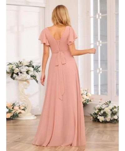 V Neck Bridesmaid Dresses for Women with Slit 2024 Flutter Sleeve Chiffon Pleats Formal Dress with Pockets YJ149 Red $31.85 D...