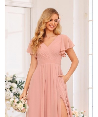 V Neck Bridesmaid Dresses for Women with Slit 2024 Flutter Sleeve Chiffon Pleats Formal Dress with Pockets YJ149 Red $31.85 D...