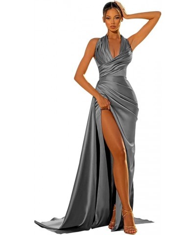 Women's Mermaid Satin Prom Dresses Long Ball Gown Halter Ruched Formal Evening Party Dress Grey $27.95 Dresses