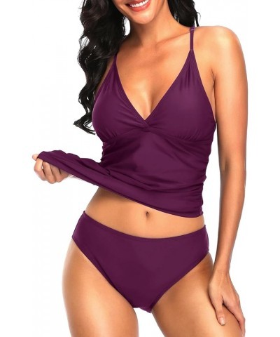 Tummy Control Two Piece Tankini Set Swimsuits for Women V Neck Tankini Top Bathing Suits with Swim Bottom Purple $12.40 Swims...