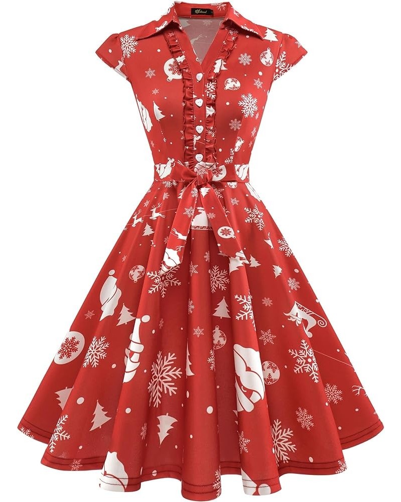 Women's 1950s Retro Rockabilly Dress Cap Sleeve Vintage Swing Dress Red Christmas Snowflake $21.72 Dresses