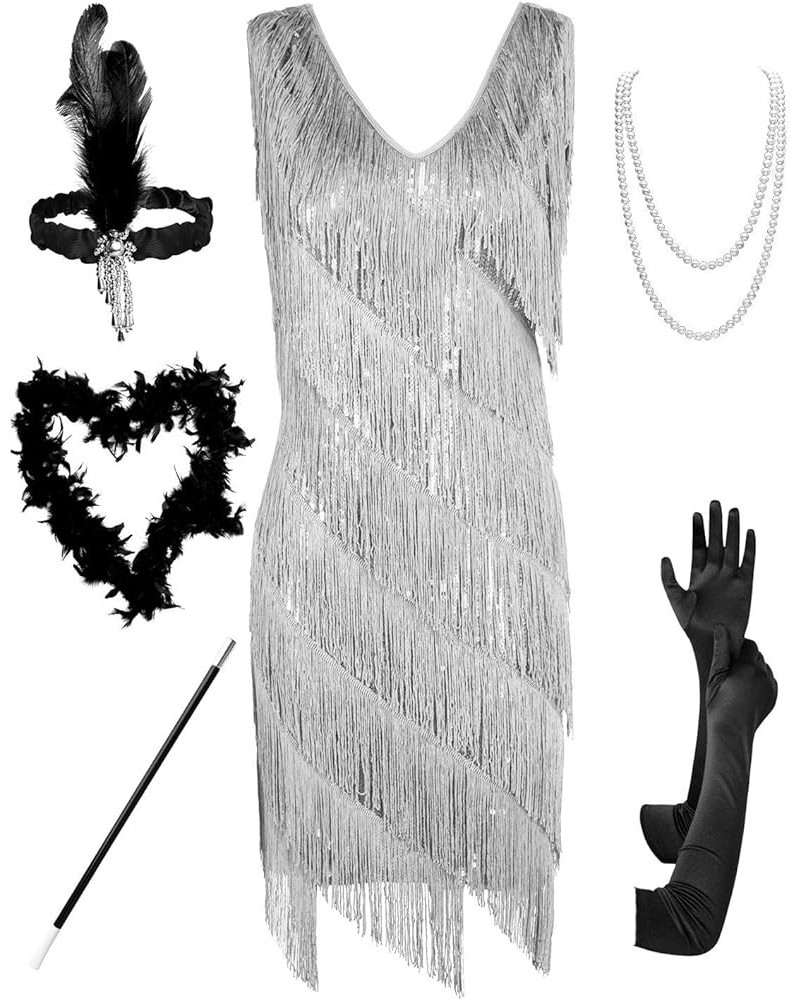 Women's Flapper Dress Sequined Fringe 1920s Gatsby Party Cocktail Dresses Grey With Accessories $32.66 Dresses