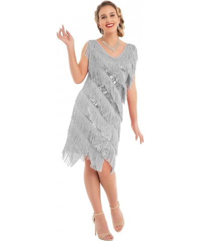 Women's Flapper Dress Sequined Fringe 1920s Gatsby Party Cocktail Dresses Grey With Accessories $32.66 Dresses