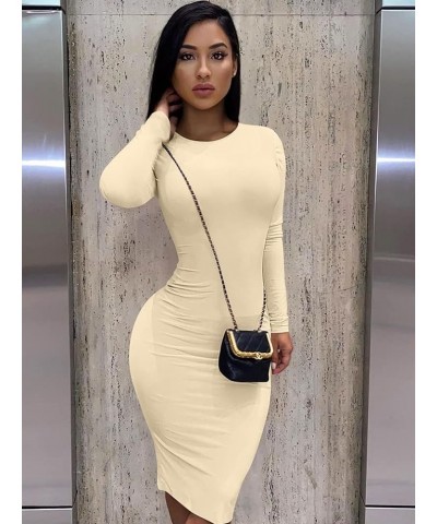 Women's Sexy Bodycon Long Sleeve Round Neck Work Office Midi Pencil Dress Khaki $18.89 Dresses