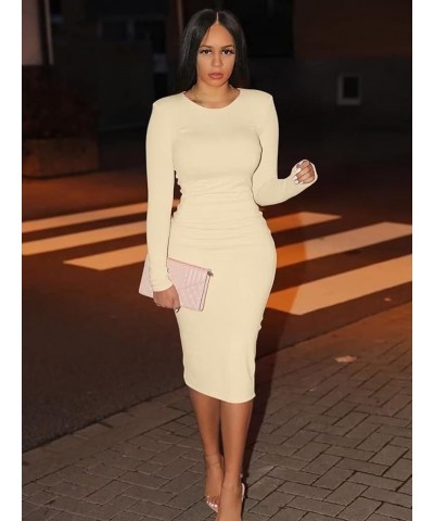 Women's Sexy Bodycon Long Sleeve Round Neck Work Office Midi Pencil Dress Khaki $18.89 Dresses