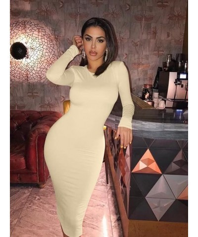 Women's Sexy Bodycon Long Sleeve Round Neck Work Office Midi Pencil Dress Khaki $18.89 Dresses