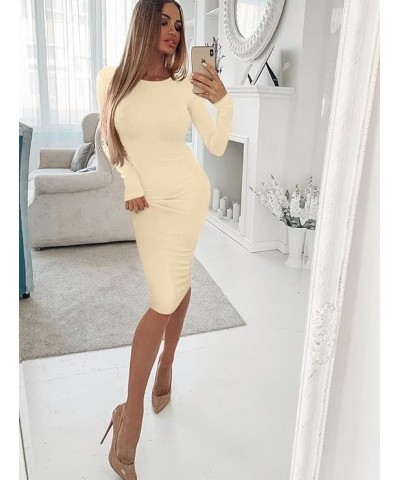 Women's Sexy Bodycon Long Sleeve Round Neck Work Office Midi Pencil Dress Khaki $18.89 Dresses