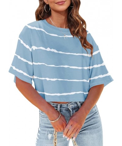 Women Half Sleeve Cropped T-Shirts Drop Shoulder Round Neck Crop Tops Casual Summer Solid Color Basic Tees Z02-sky Blue $12.2...