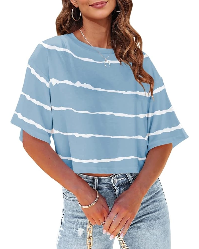 Women Half Sleeve Cropped T-Shirts Drop Shoulder Round Neck Crop Tops Casual Summer Solid Color Basic Tees Z02-sky Blue $12.2...