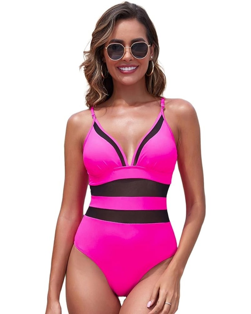 Womens One Piece Bathing Suit Sexy V Neck Mesh Patchwork Swimsuit Hot Pink $16.73 Swimsuits