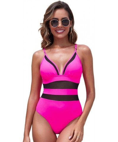 Womens One Piece Bathing Suit Sexy V Neck Mesh Patchwork Swimsuit Hot Pink $16.73 Swimsuits