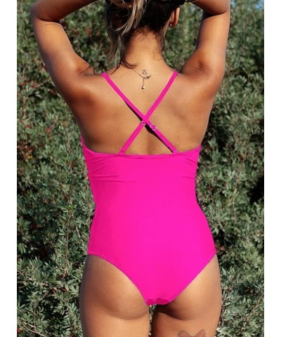 Womens One Piece Bathing Suit Sexy V Neck Mesh Patchwork Swimsuit Hot Pink $16.73 Swimsuits