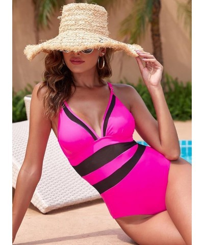 Womens One Piece Bathing Suit Sexy V Neck Mesh Patchwork Swimsuit Hot Pink $16.73 Swimsuits