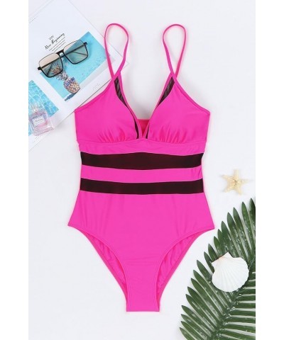 Womens One Piece Bathing Suit Sexy V Neck Mesh Patchwork Swimsuit Hot Pink $16.73 Swimsuits