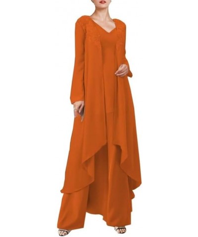 Mother of The Bride Pantsuits 3 Pieces with Long Jacket - Chiffon Wedding Guest Dresses Burnt Orange $50.34 Suits