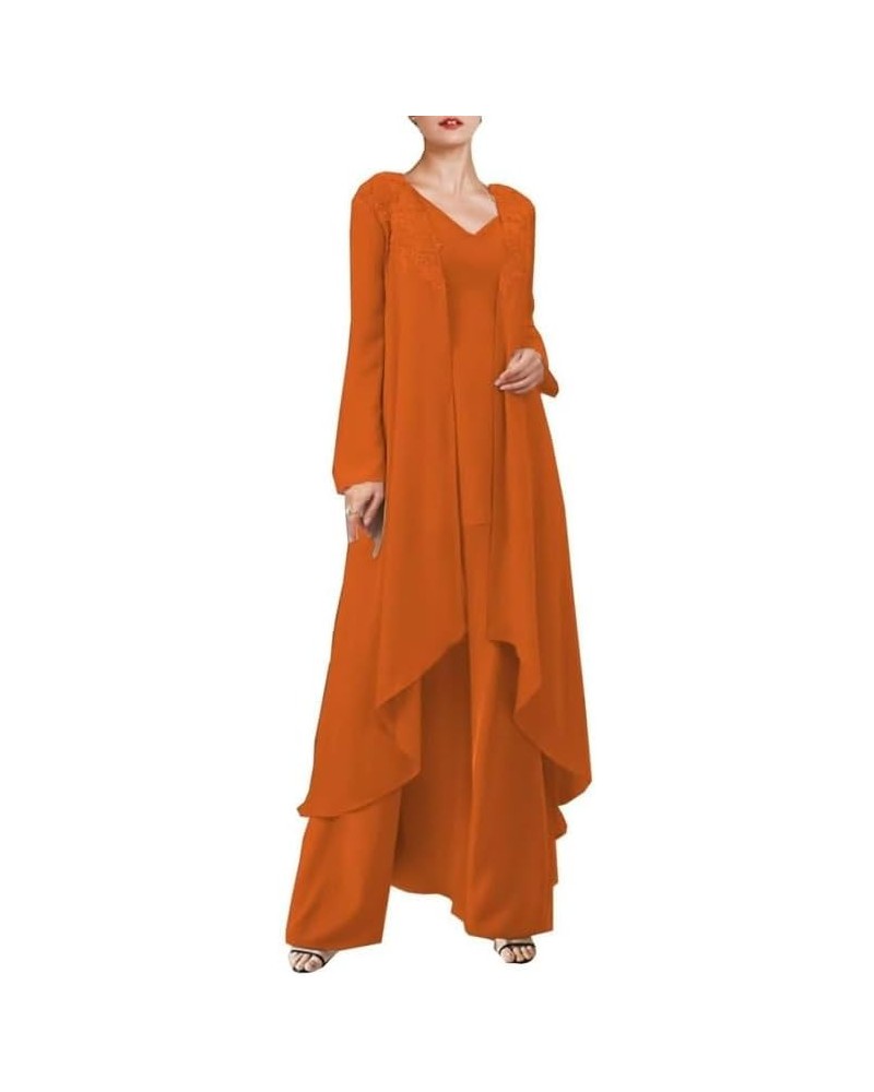 Mother of The Bride Pantsuits 3 Pieces with Long Jacket - Chiffon Wedding Guest Dresses Burnt Orange $50.34 Suits