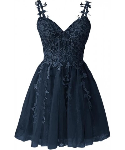 Spaghetti Straps Lace Homecoming Dress for Teens Short Applique Tulle Short Prom Dresses Cocktail Gown Navy Blue $38.40 Dresses