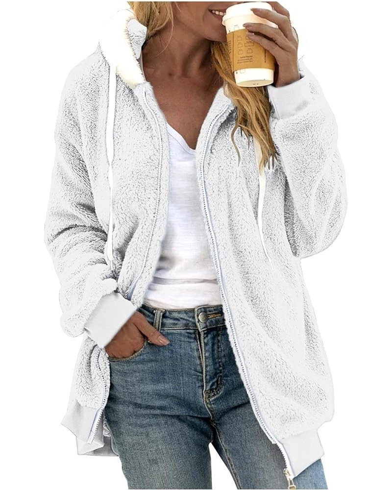 Women's Winter Fuzzy Fleece Jacket Color Block Zip Up Cardigan Coats Oversized Fluffy Sherpa Outerwear with Pockets 12-white ...