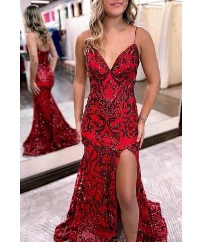 Sequin Appliques Prom Dresses Formal Gowns with Slit Spaghetti Strap Mermaid Evening Party Dress for Women A-peacock $40.49 D...