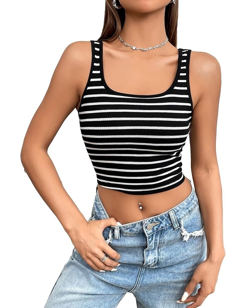 Women Striped Crop Tank Tops Sleeveless Skinny Tee Shirts Crop Black White $10.39 Tanks