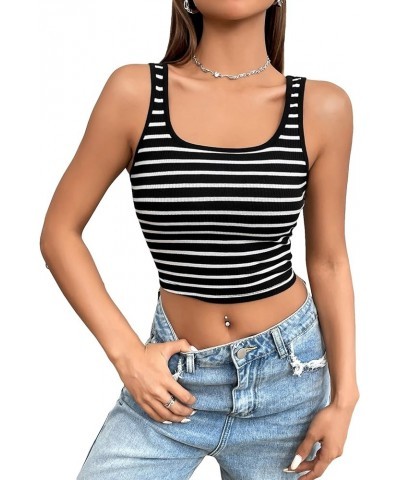 Women Striped Crop Tank Tops Sleeveless Skinny Tee Shirts Crop Black White $10.39 Tanks