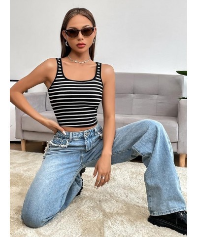 Women Striped Crop Tank Tops Sleeveless Skinny Tee Shirts Crop Black White $10.39 Tanks