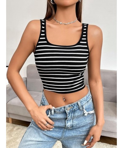 Women Striped Crop Tank Tops Sleeveless Skinny Tee Shirts Crop Black White $10.39 Tanks