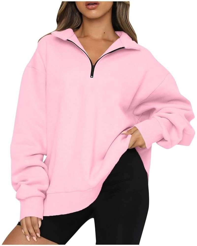 Women's Long Sleeve Quarter Zip Sweatshirt Casual Fall Winter Solid Color Hoodies Y2K Oversized Pullover Tops 18pink $8.90 Ho...