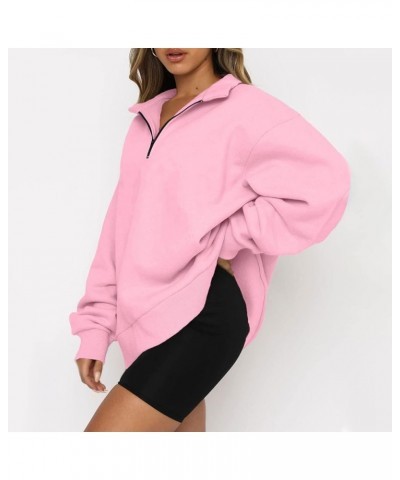 Women's Long Sleeve Quarter Zip Sweatshirt Casual Fall Winter Solid Color Hoodies Y2K Oversized Pullover Tops 18pink $8.90 Ho...