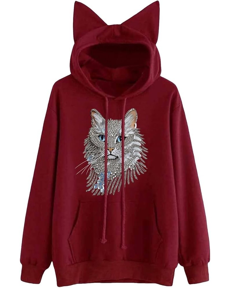 Women Oversized Hoodies Casual Sweatshirts Autumn Winter Cat Printed Long Sleeve Streetwear with Pocket B-wine $9.43 Hoodies ...