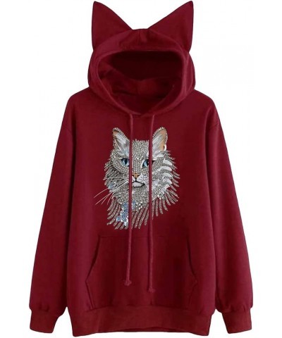 Women Oversized Hoodies Casual Sweatshirts Autumn Winter Cat Printed Long Sleeve Streetwear with Pocket B-wine $9.43 Hoodies ...