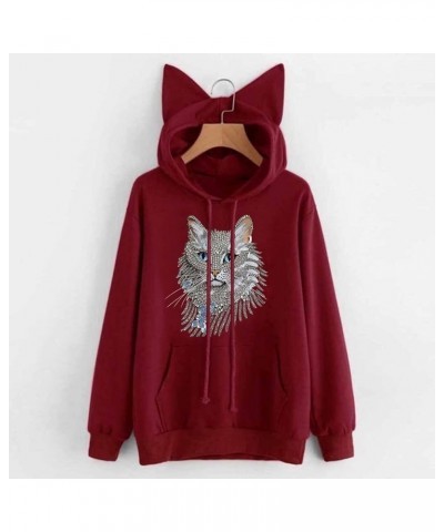 Women Oversized Hoodies Casual Sweatshirts Autumn Winter Cat Printed Long Sleeve Streetwear with Pocket B-wine $9.43 Hoodies ...