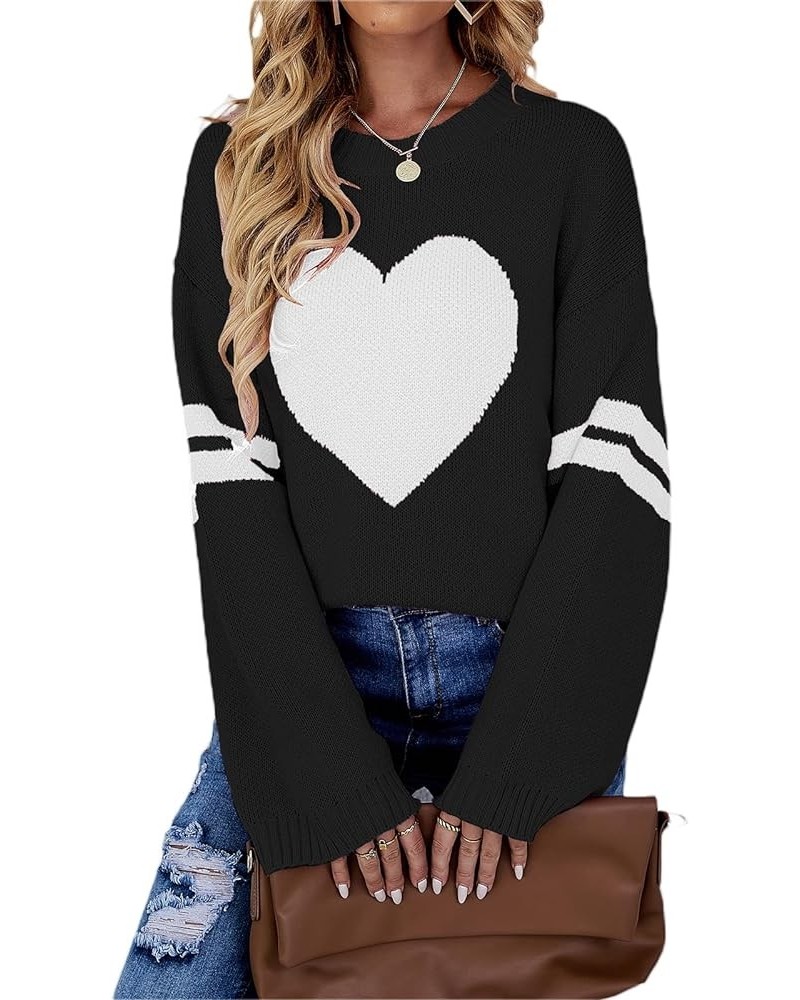 Heart Sweater for Women Valentine's Day Long Sleeve Knit Top Spring Fall Y2K Cute Crewneck Pullover Sweater Black-big Heart P...