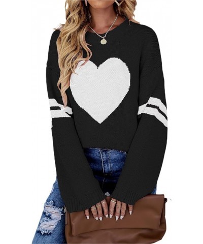 Heart Sweater for Women Valentine's Day Long Sleeve Knit Top Spring Fall Y2K Cute Crewneck Pullover Sweater Black-big Heart P...