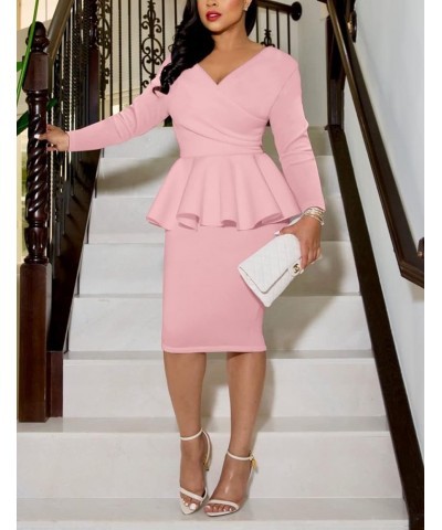 Women Vintage Ruffle Peplum Bodycon Midi Dresses Pencil Office Work Dress Sexy Wrap V Neck Club Evening Party Dress Ls-pink $...