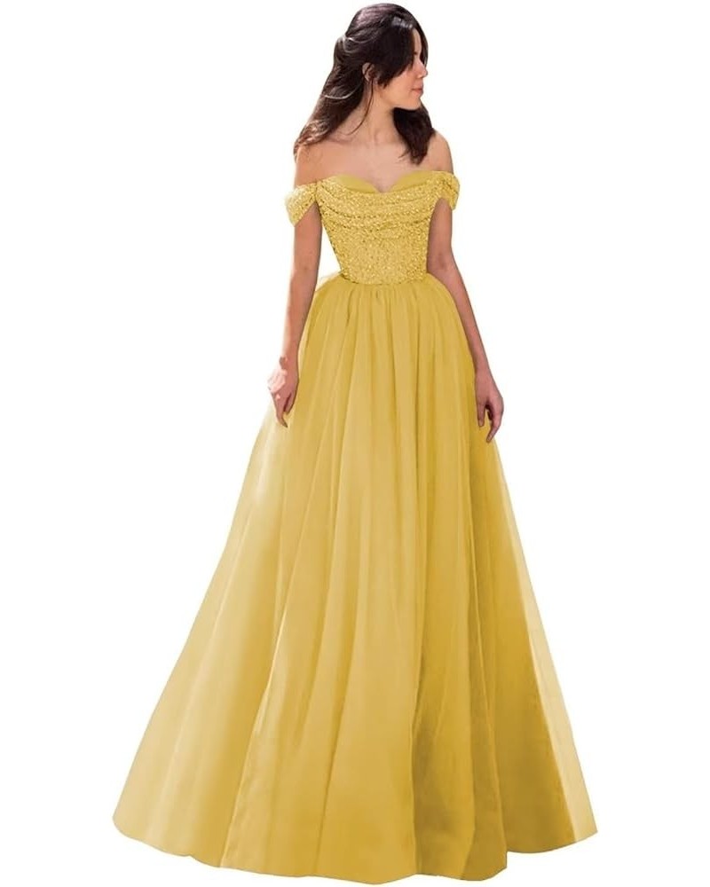 Off Shoulder Sequin Prom Dresses Tulle Ball Gowns Sparkly A Line Formal Evening Gowns for Women Gold $35.28 Dresses